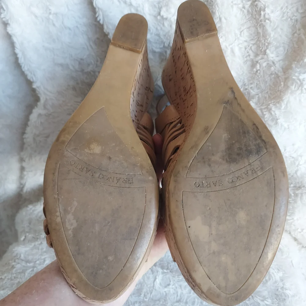 Franco Sarto Strappy Leather Tan Cork Wedge Sandals 9.5 Summer Beach Boho
